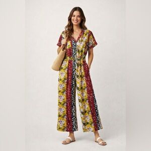 dRA Los Angeles Floral Patchwork Cotton Wide Leg Jumpsuit Romper Boho Feminine S